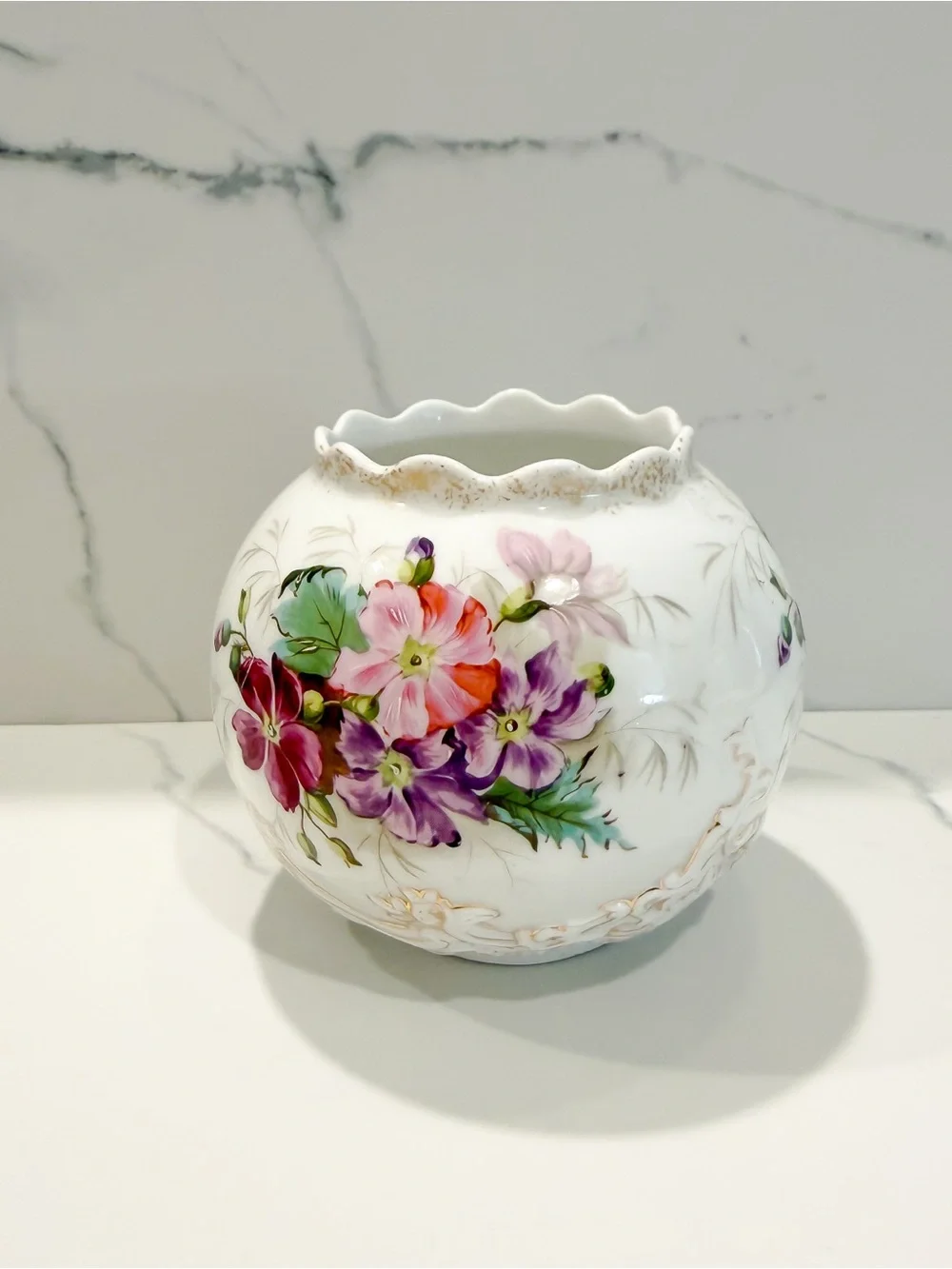 Leonard Vienna Austria Porcelain Cachepot Hand Painted Floral Raised Gilt Relief